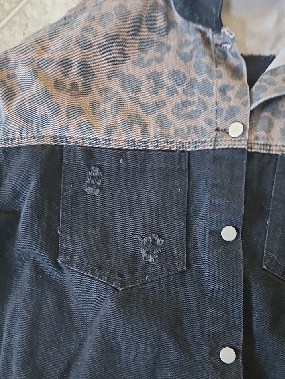 Distressed Black Denim & Cheetah Print Jacket - Picture 2 of 5